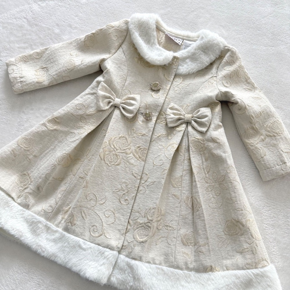 Blueberi Boulevard 24M Ivory Brocade Coat Faux Fur Trim Holiday Dress